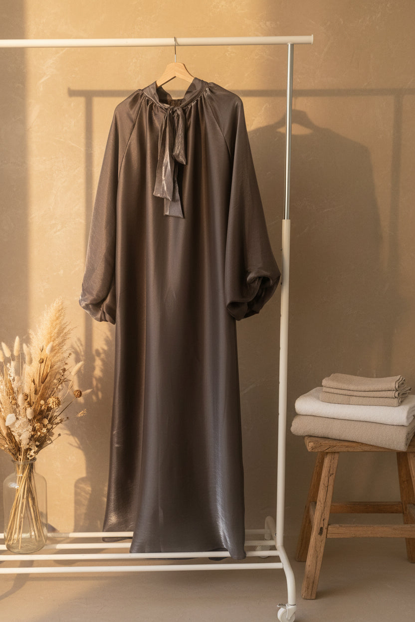 Glistening Dark Silver Balloon Sleeved Gown