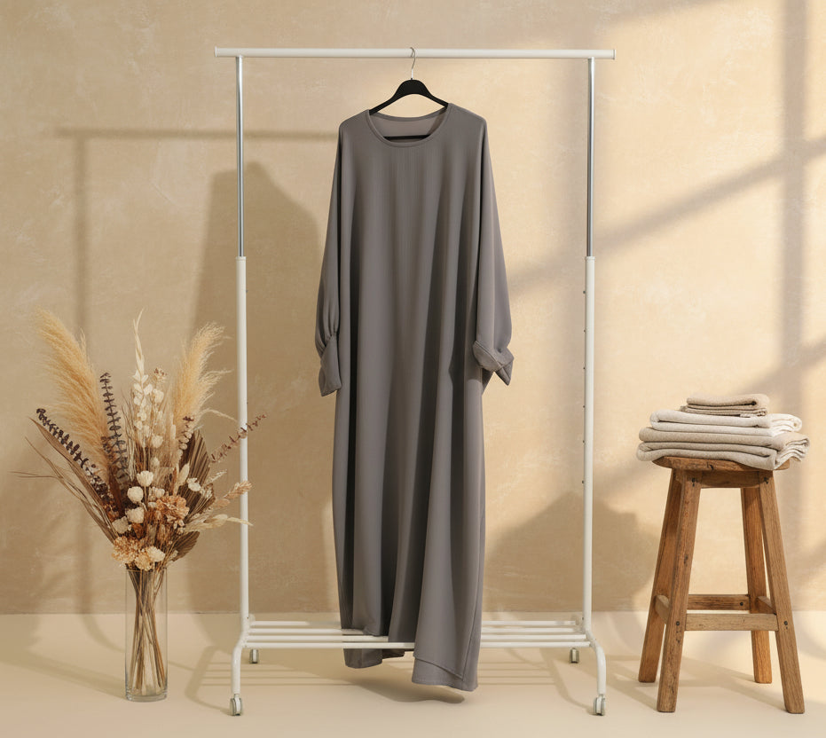 Dark Pastel Grey Butterfly Dress & Speared Khimar Set