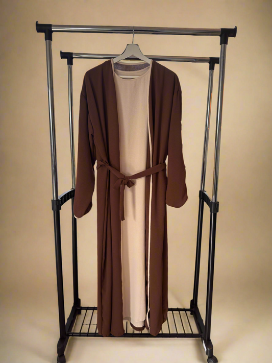 Brown & Beige Ribboned Abaya Set
