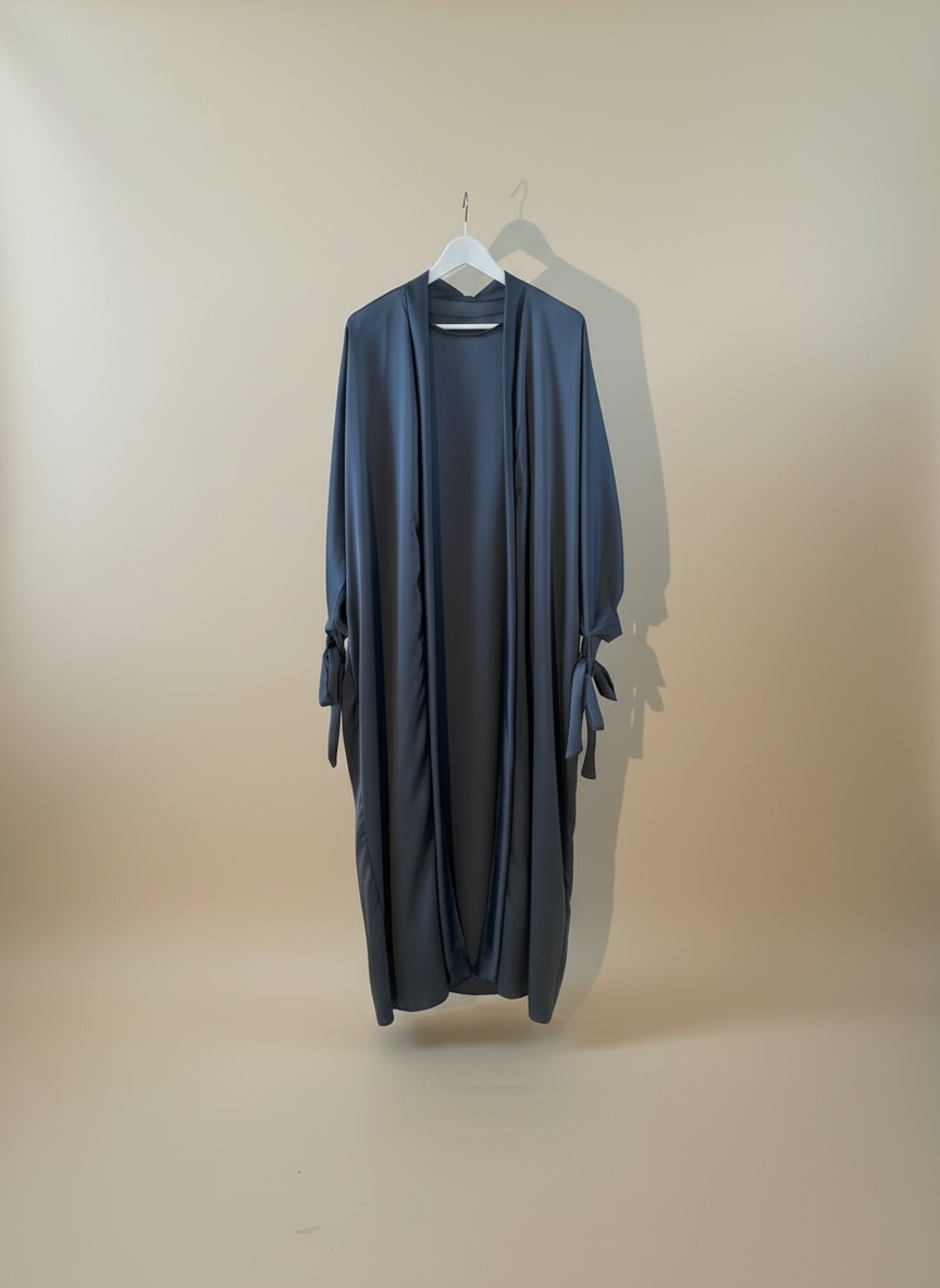 Silky Teel Blue Ribboned Abaya Set