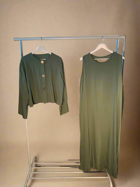 Dark Green Buttoned Blouse & Dress Set