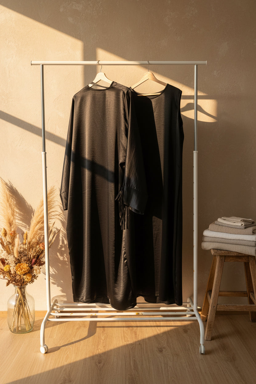 Ribboned Black Silky Abaya Set