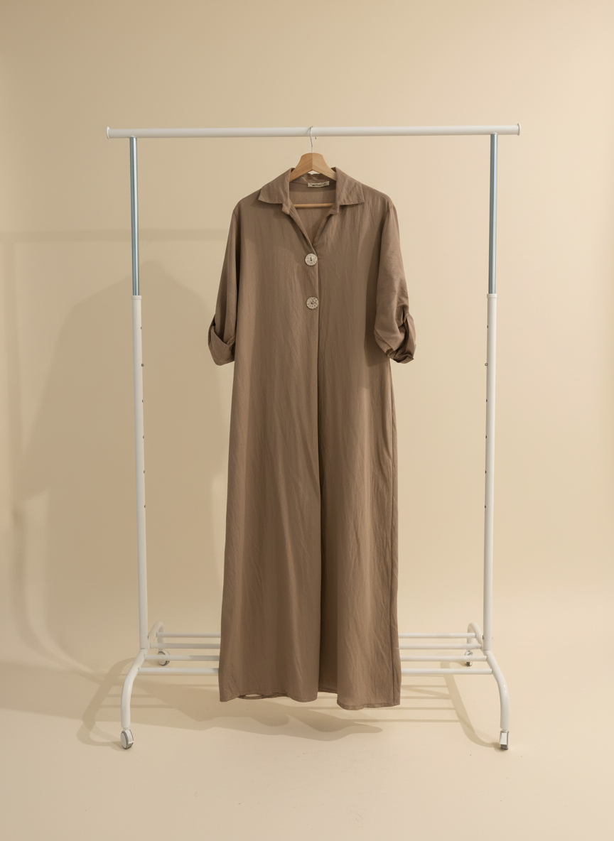 Two Buttoned Cappuchino Brown Short Sleeved Dress