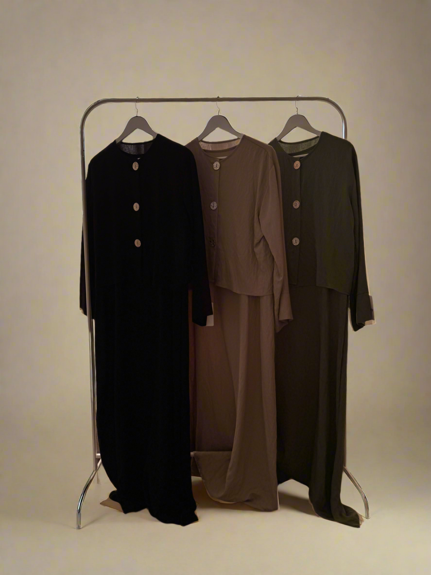 Beige Buttoned Blouse & Dress Set