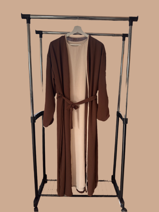 Brown & Beige Ribboned Abaya Set