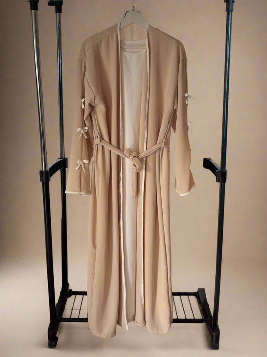 White & Beige Ribboned Abaya Set